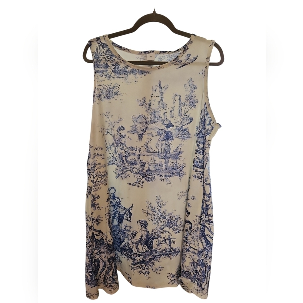 Blue White Toile De Jouy Sleeveless Shift Dress XL Toile Print Midi - Picture 2 of 4